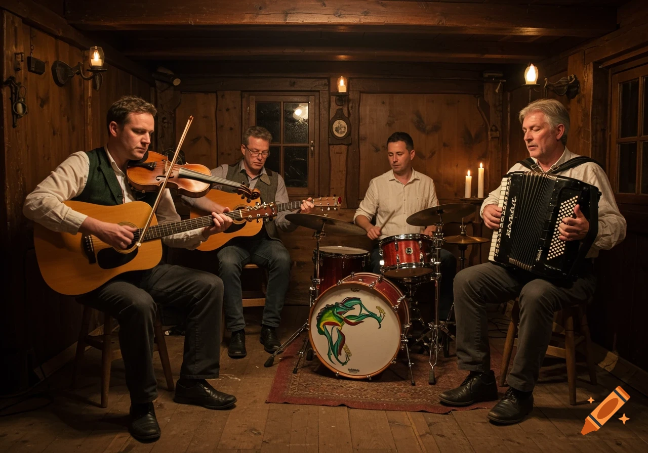 A folk band performs in a rustic wooden room, with musicians playing violin, guitar, drums, and accordion under warm lighting.