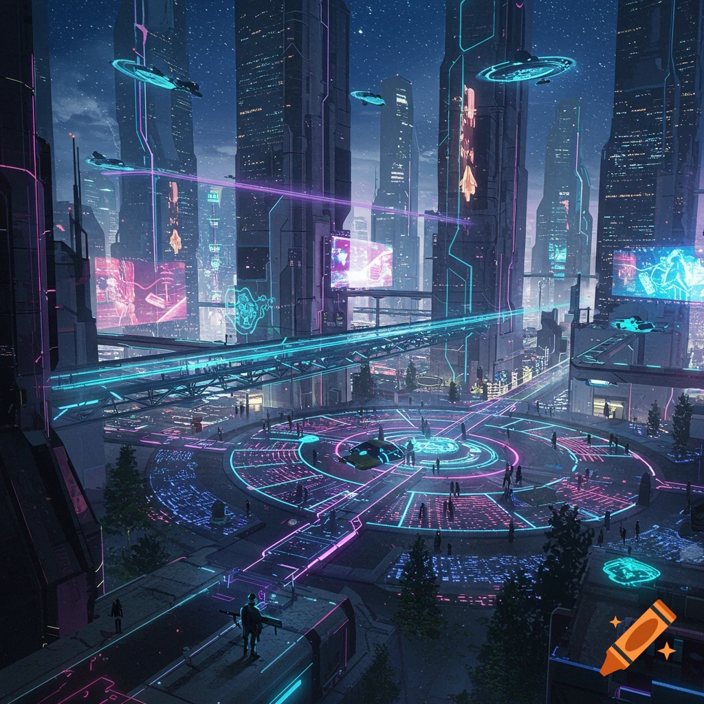 A vibrant futuristic city at night, illuminated by neon pink and blue lights, with tall skyscrapers and flying vehicles.