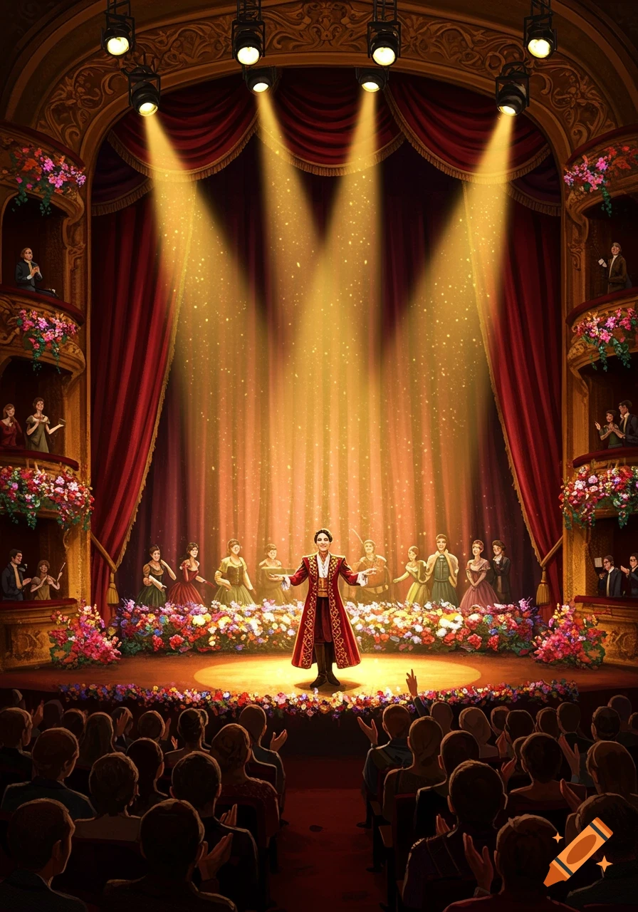 A performer in a red coat stands on a brightly lit theater stage, surrounded by other performers and flowers, with an audience applauding.