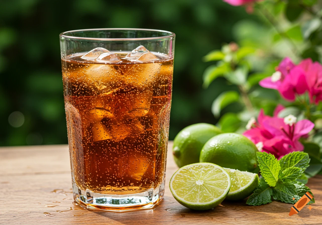 A photorealistic glass of iced soda with condensation, surrounded by fresh limes, mint, and pink flowers in a sunny outdoor setting.