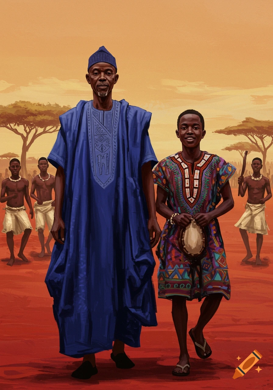 A tall man in a blue traditional robe and a boy in a colorful patterned tunic with a drum walk across a red savanna with acacia trees.