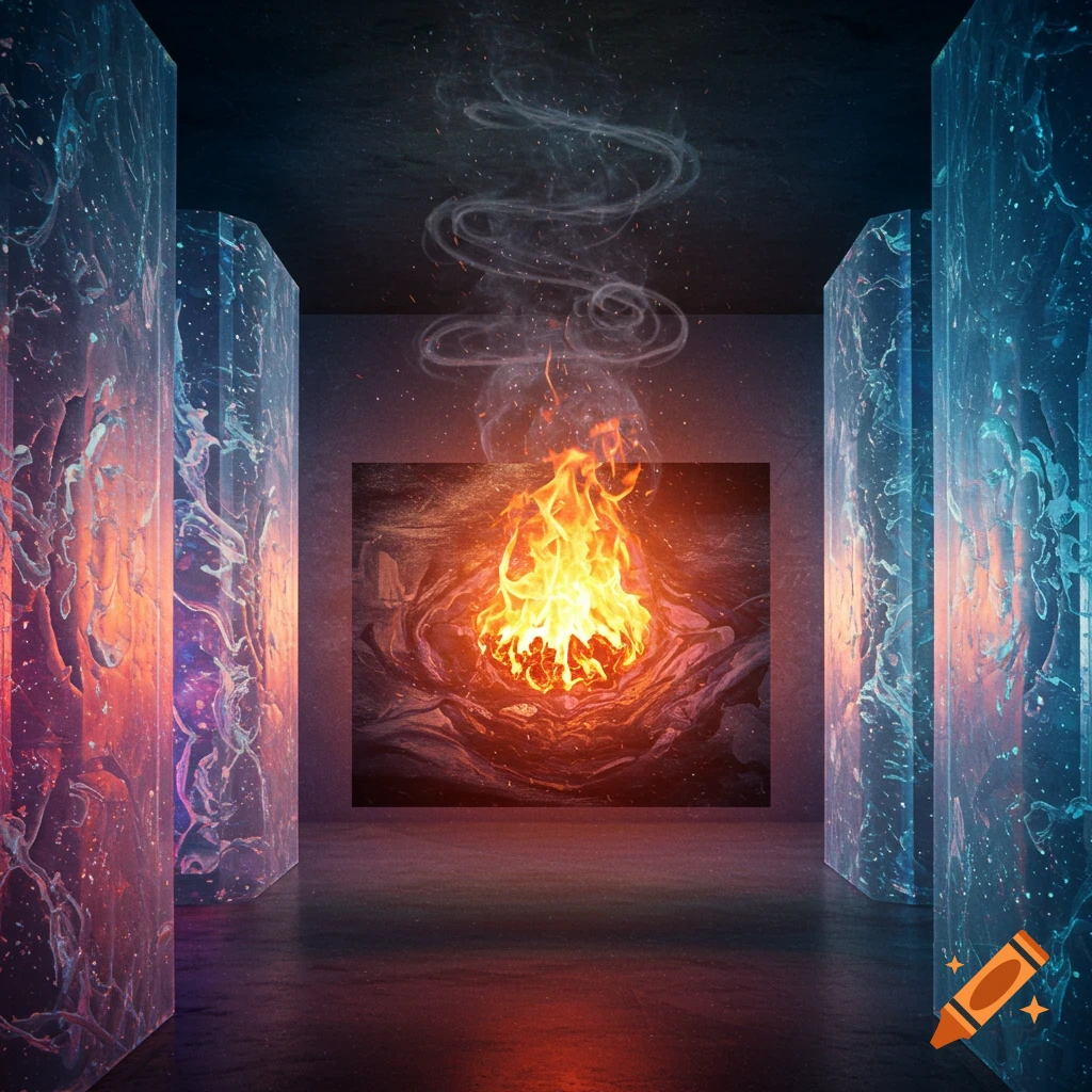 A vibrant fire with smoke rising in a dark room flanked by tall, glowing blue and red abstract pillars with swirling patterns.