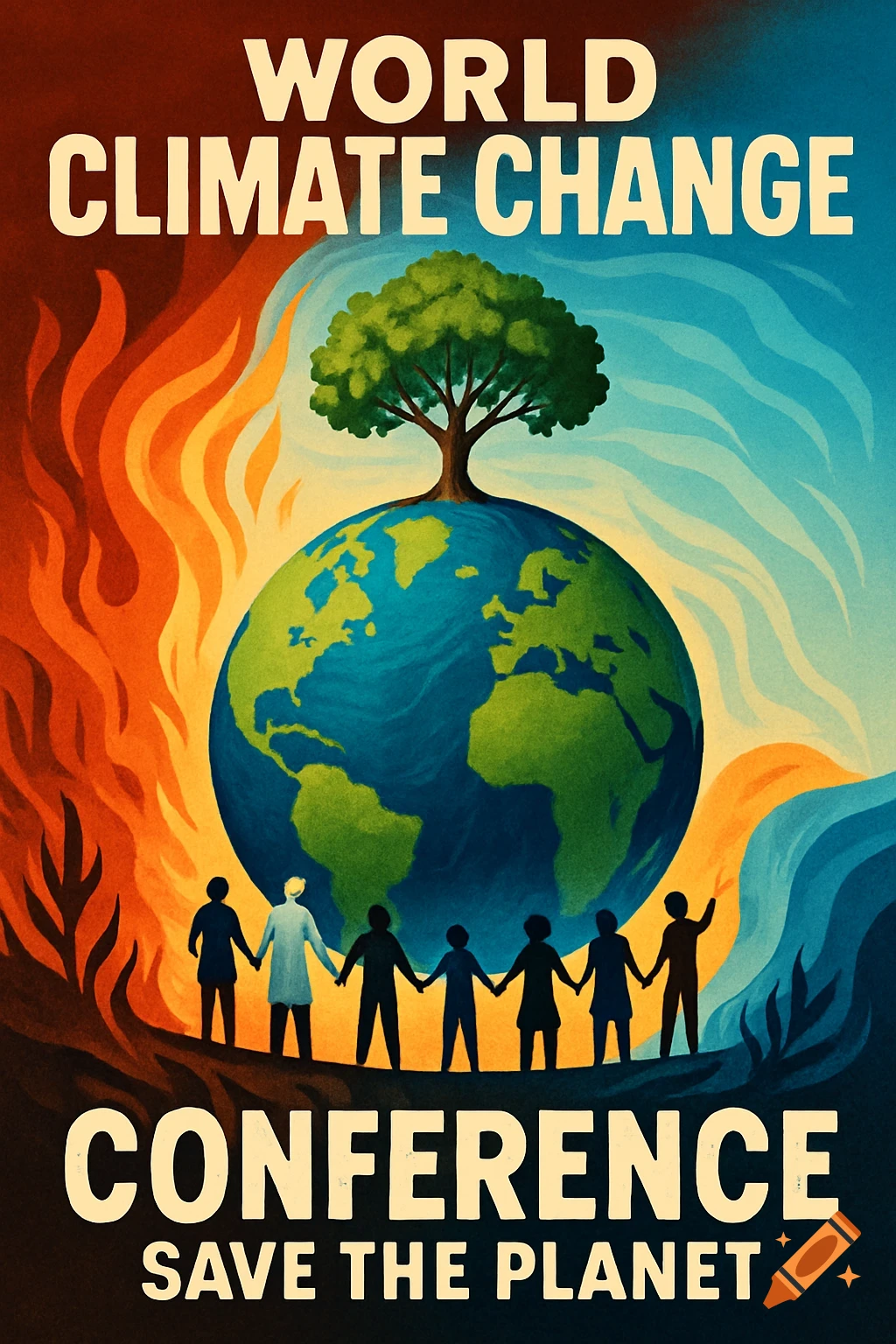 Stylized poster for a World Climate Change Conference, featuring Earth with a tree, surrounded by fire and waves, with people holding hands.