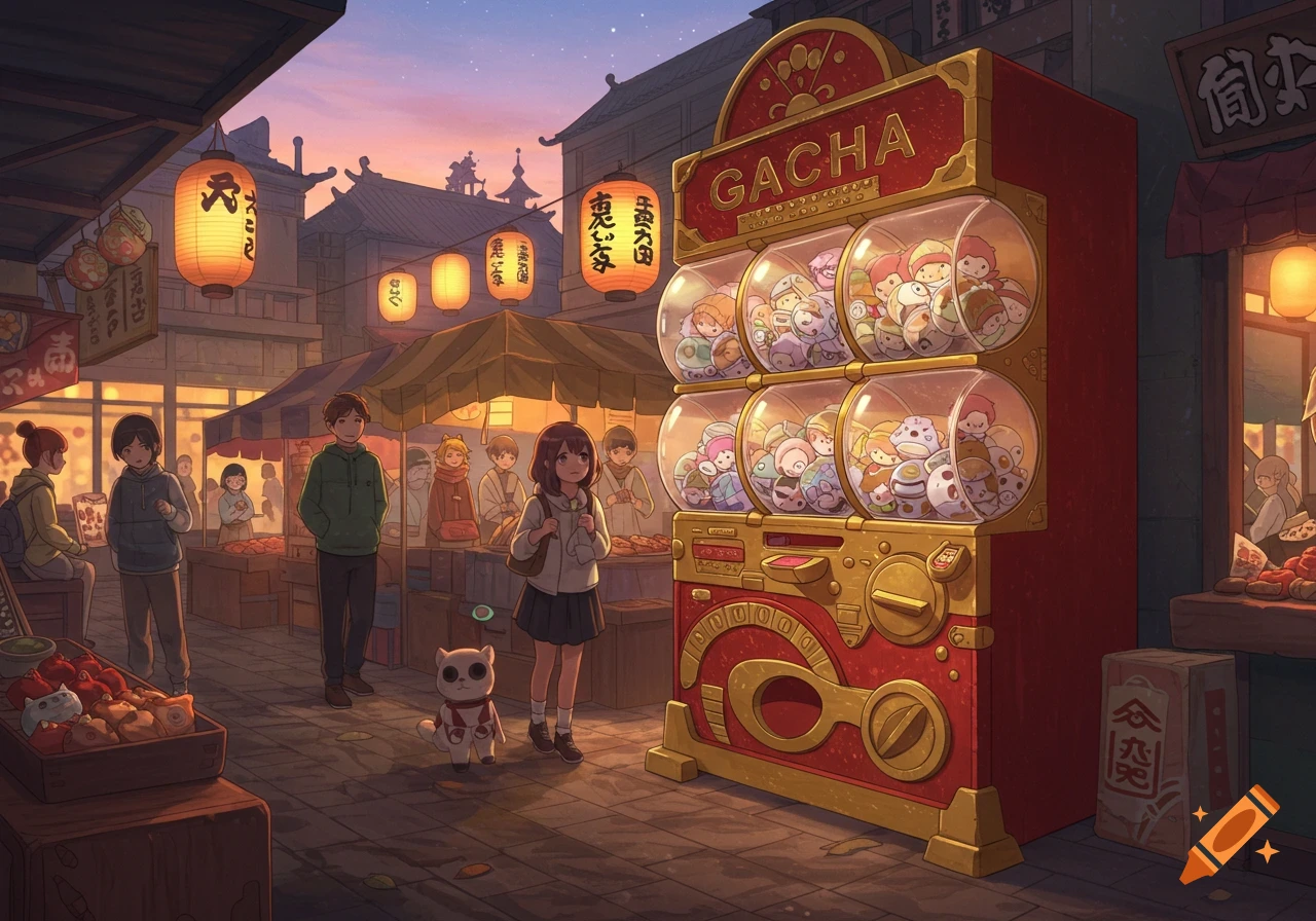 An anime-style street market at dusk with a large red and gold gacha machine, a girl and a cat character in front of it, and various stalls and people in the background.
