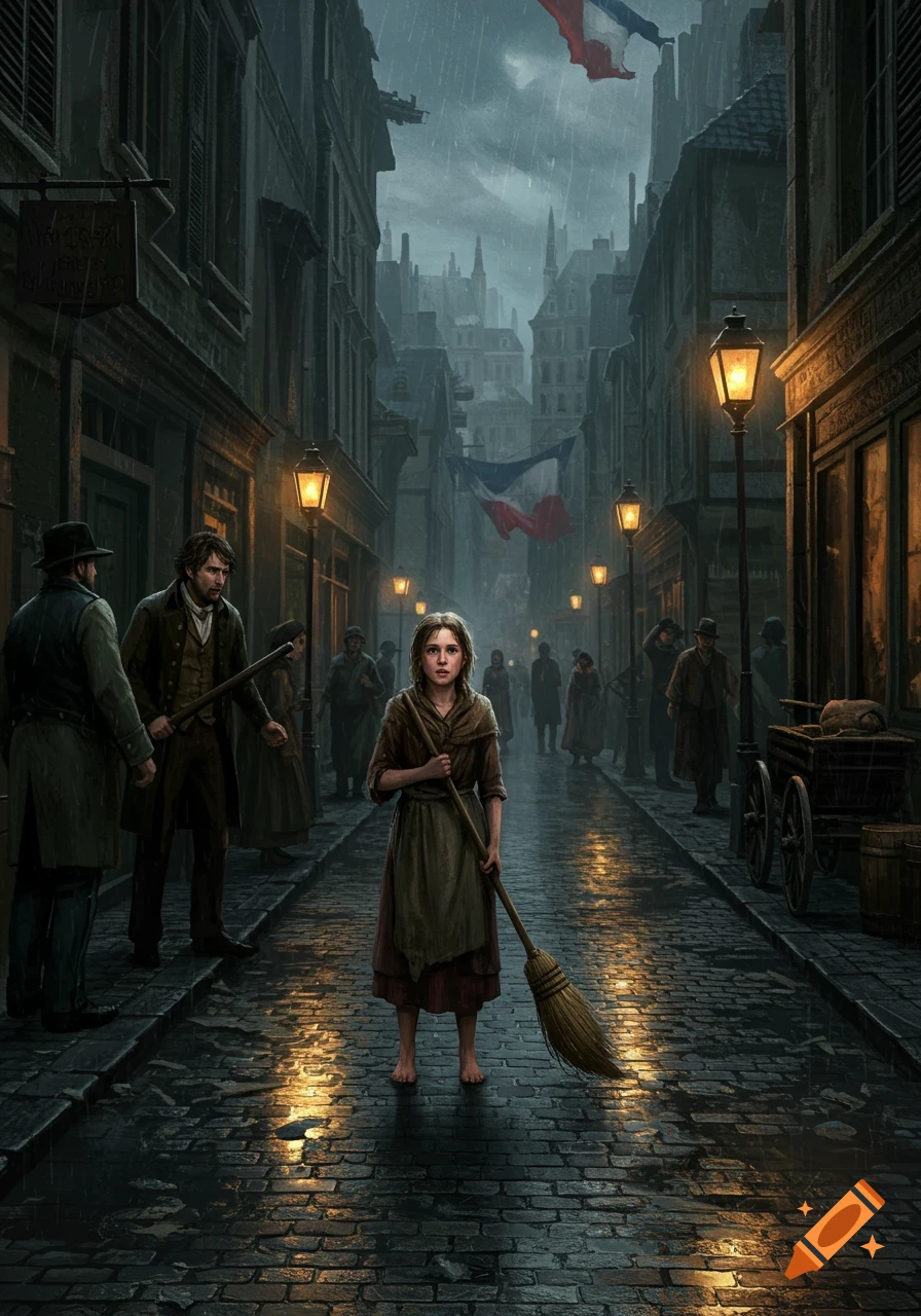 A barefoot young girl with a broom stands in a gloomy, rainy cobblestone street, surrounded by figures and old buildings under a dark sky.