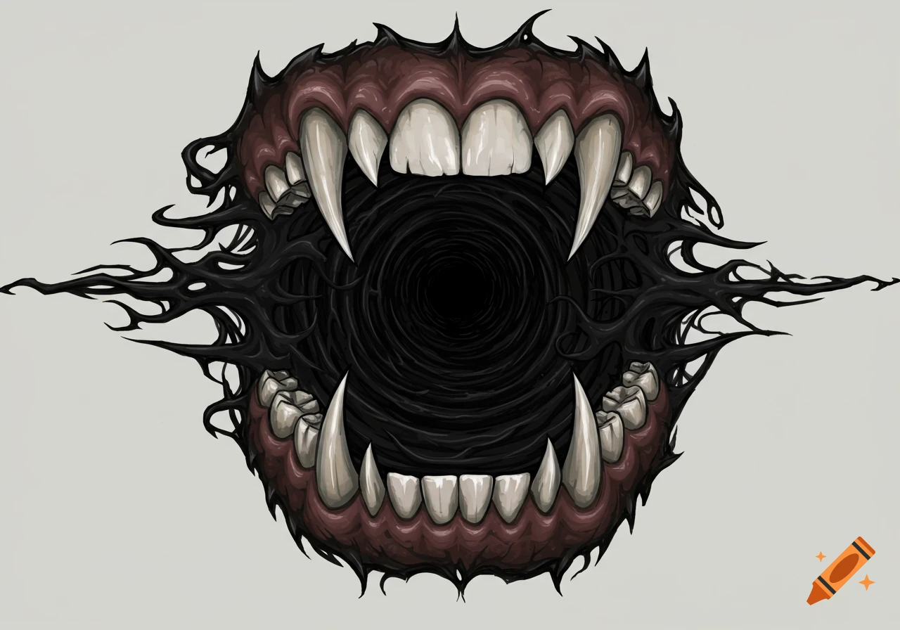 A monstrous mouth with sharp fangs and red gums opens to a swirling black void, surrounded by dark, tendril-like growths.