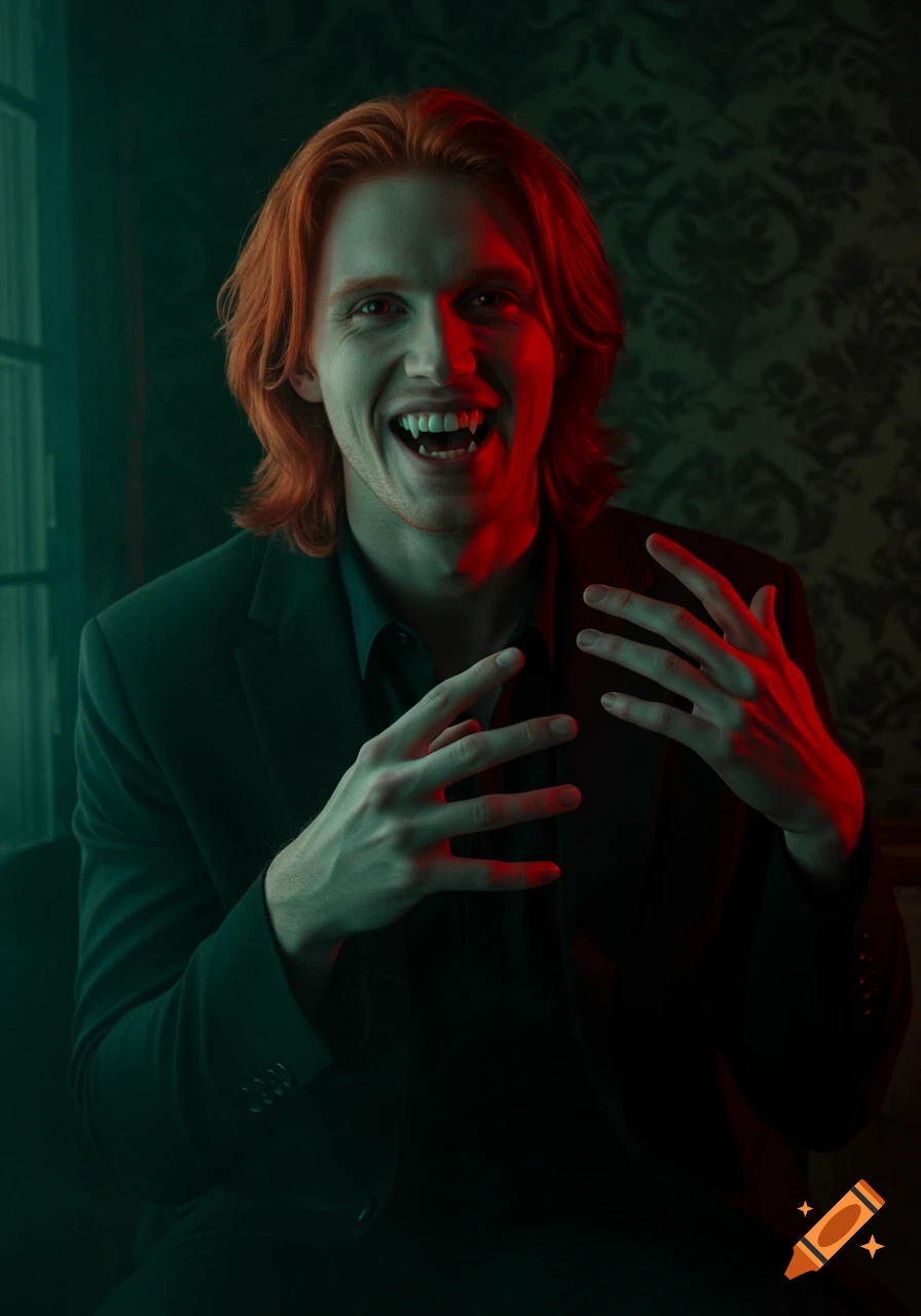 Red-haired vampire man with fangs and red eyes, laughing sadistically with clawed hands in dramatic red and green lighting.
