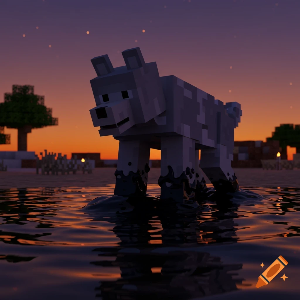 Minecraft-style wolf character sinking in thick black tar with its reflection in water at sunset, blocky landscape.