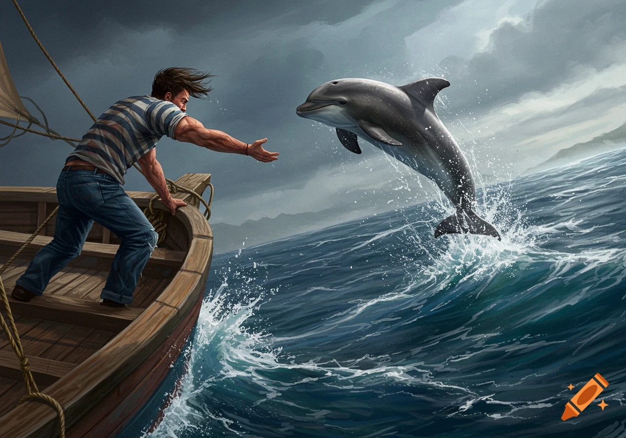 Digital painting of a man on a wooden boat reaching out to a dolphin leaping from the stormy ocean.