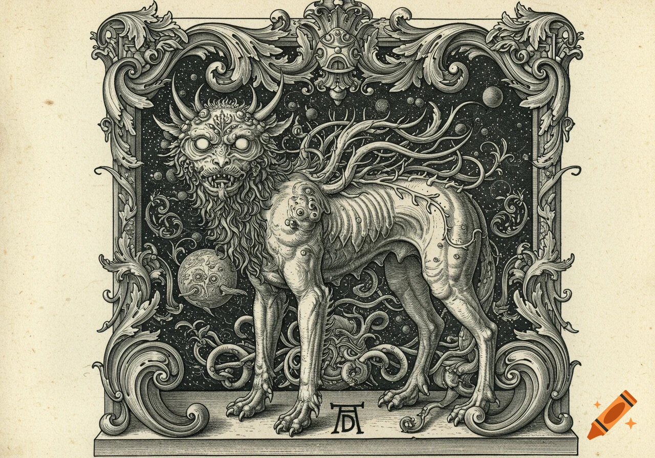 A detailed gothic engraving style illustration of a monstrous, horned creature with a lion's mane, skeletal body, and tentacles, standing amidst a cosmic background with planets, enclosed in an ornate frame.