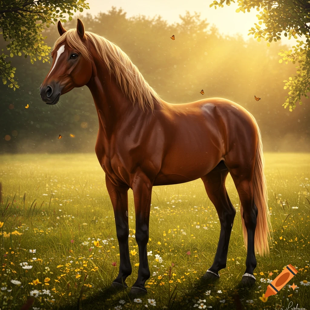 A majestic brown horse with a blonde mane stands in a sunlit meadow filled with wildflowers and butterflies.