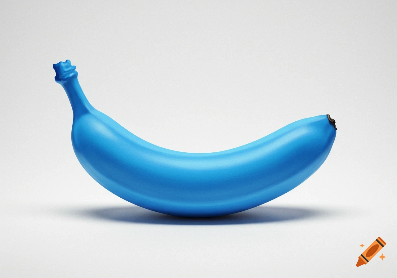 A photorealistic blue banana rests on a plain white background, casting a subtle shadow.
