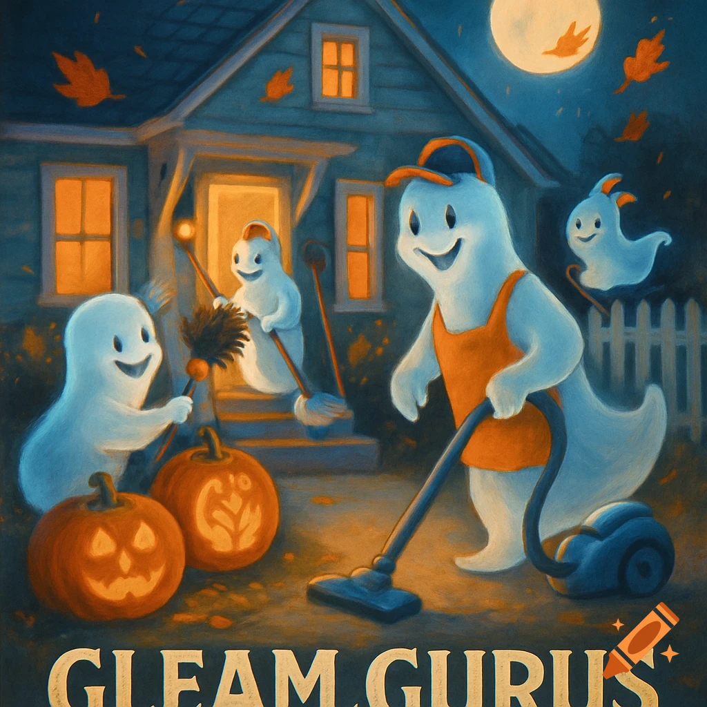 Cute, painterly illustration of friendly ghosts cleaning a house at night with pumpkins and a full moon. Text reads 'GLEAM GURUS'.