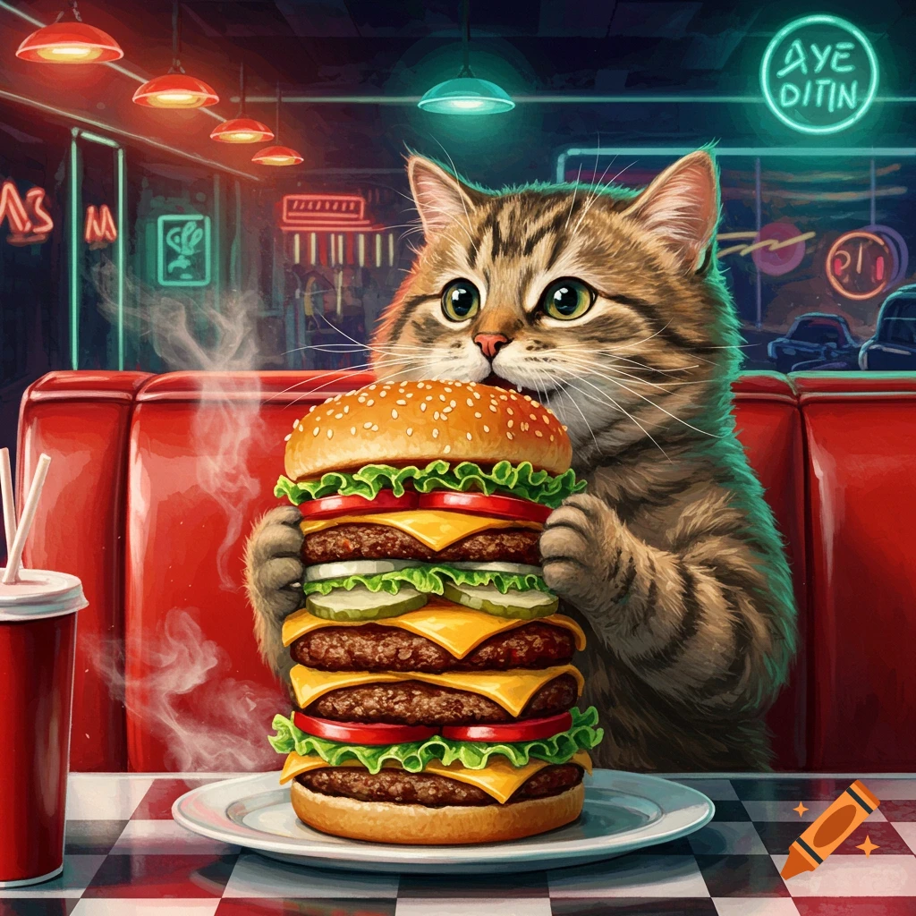 A cute tabby cat happily eats a massive burger with multiple patties at a diner booth, with neon signs in the background.