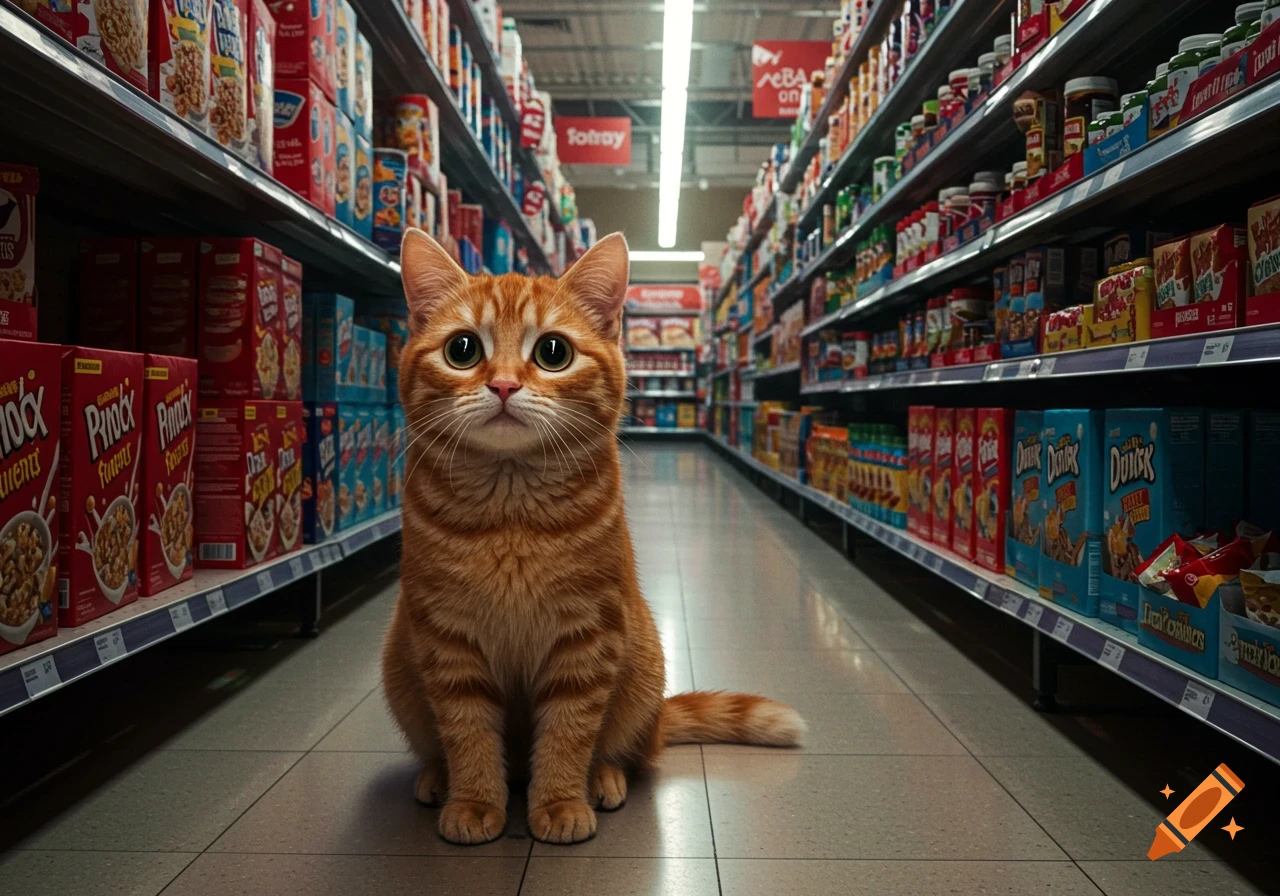A photorealistic orange tabby cat with large, round eyes sits in the middle of a supermarket aisle, looking up.