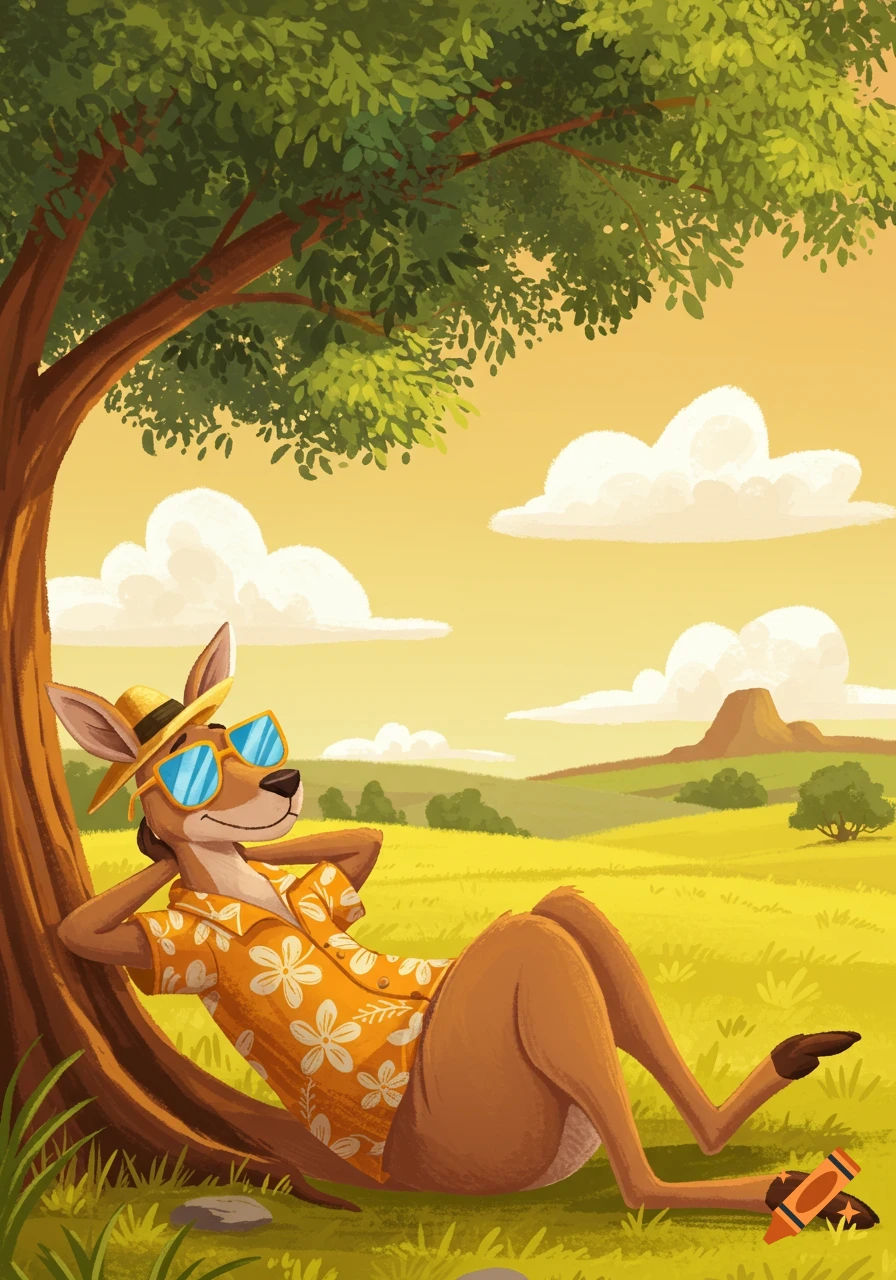 A cartoon kangaroo in a Hawaiian shirt and sunglasses relaxes under a tree in a sunny field with hills.