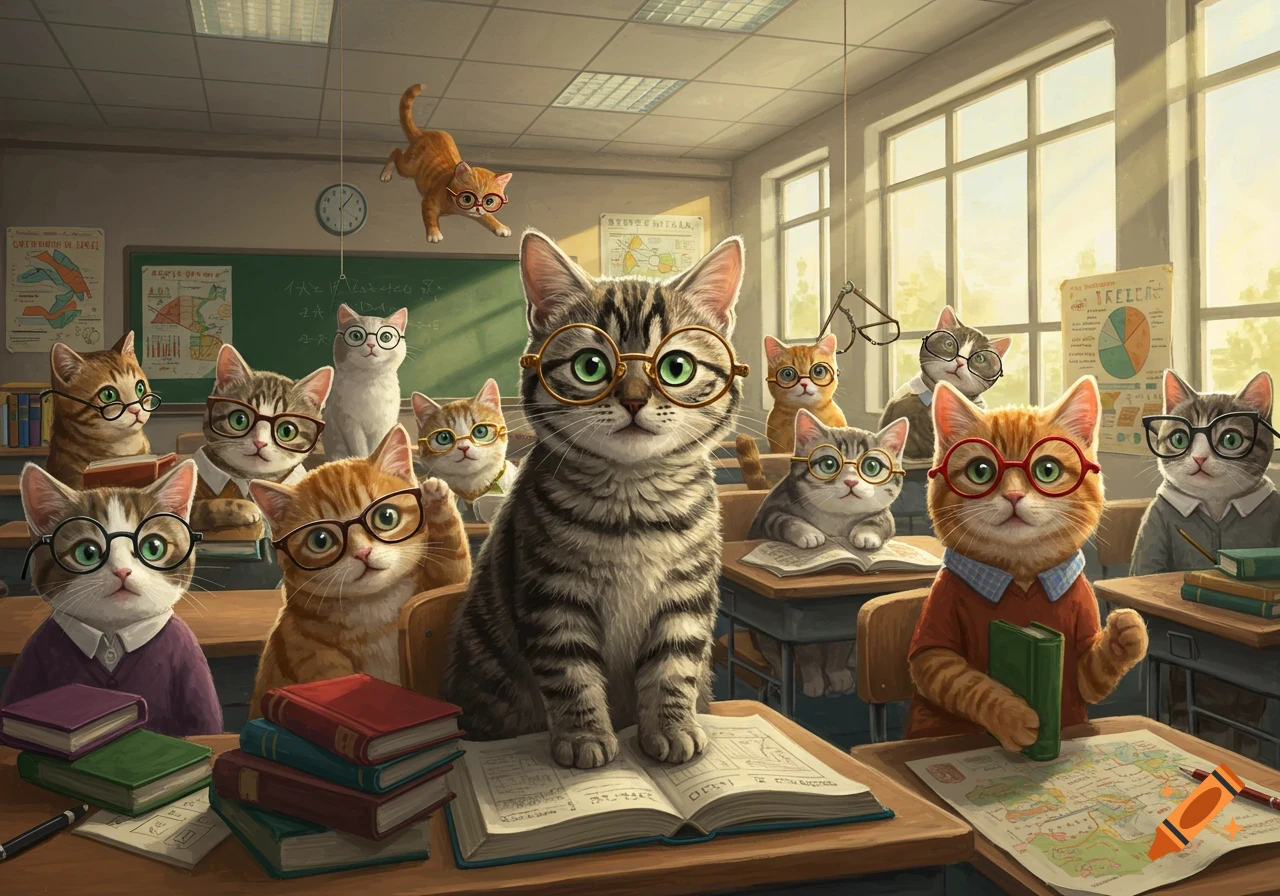 A classroom full of cats wearing glasses, seated at desks with books. One cat floats, another looks directly at the viewer.