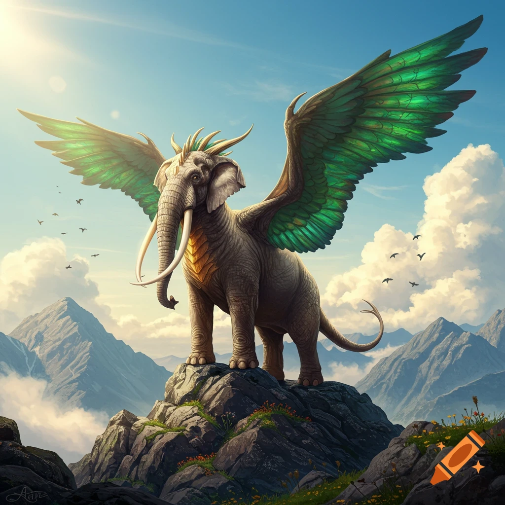 A majestic winged elephant-like creature with green wings stands on a rocky mountain peak under a bright blue sky.