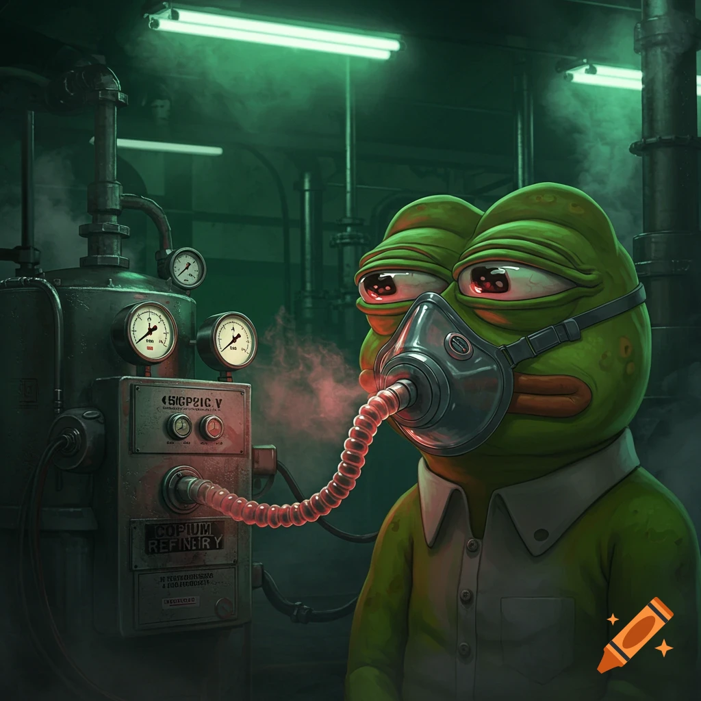 Pepe the Frog wears a gas mask connected to a "Copium Refinery" machine in a dark, green-lit industrial room. Digital art.