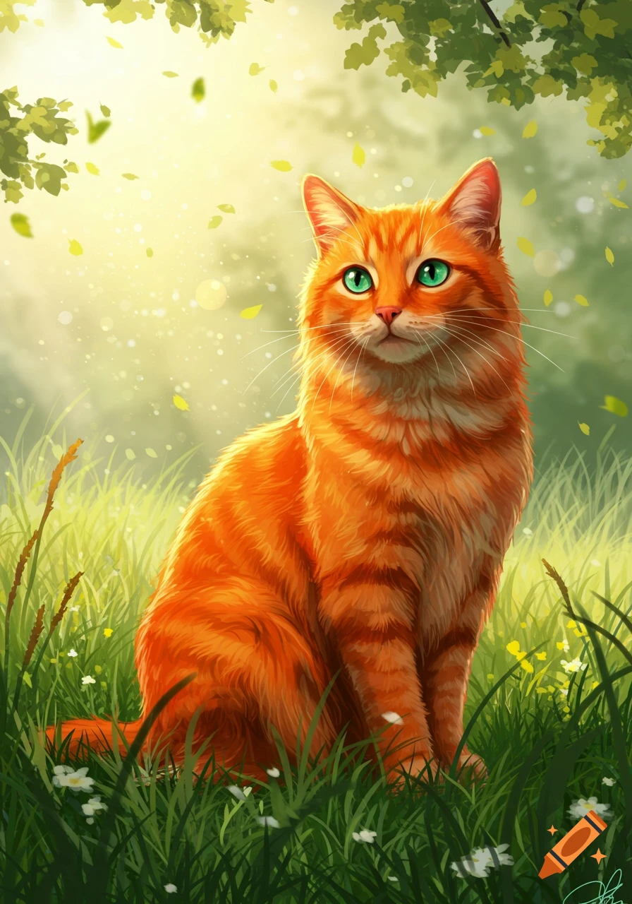 An illustration of a bright orange cat with striking green eyes sitting in sunlit green grass with leaves falling around it.