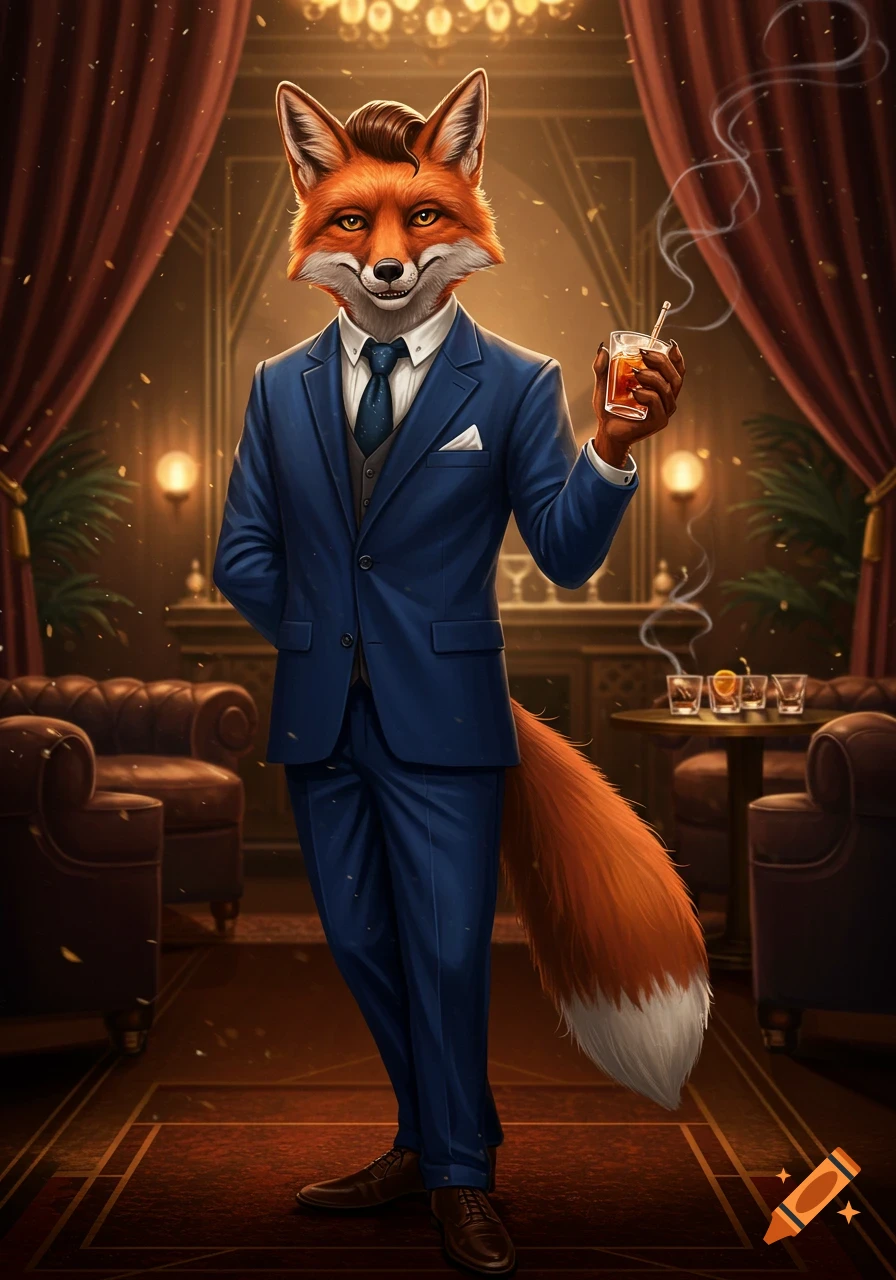 An anthropomorphic fox in a blue suit stands in an elegant bar, holding a smoking cocktail.