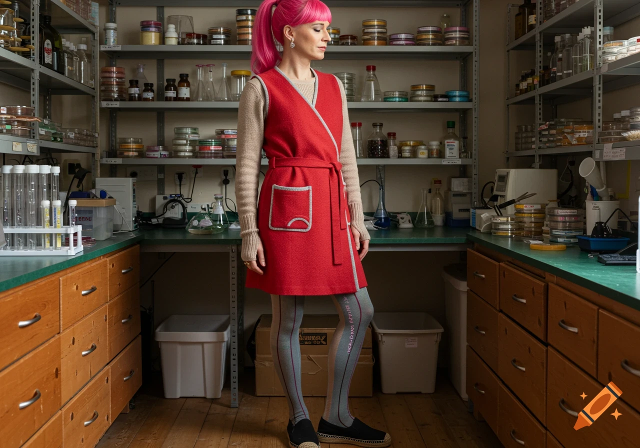 A woman with pink hair in a red wrap dress and grey tights stands in a photorealistic lab with shelves of equipment.