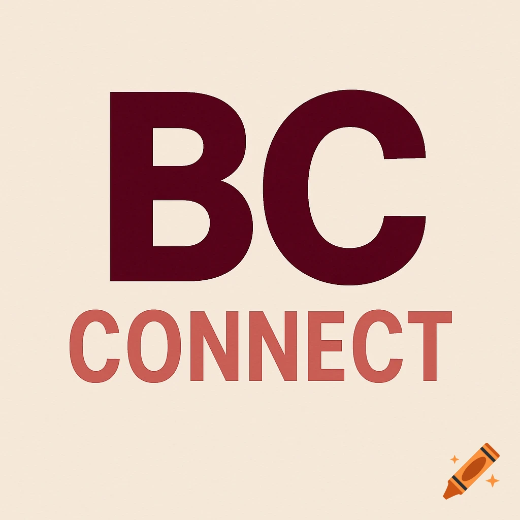 A logo with 'BC' in large dark red letters and 'CONNECT' in smaller light red letters below, on a light beige background.