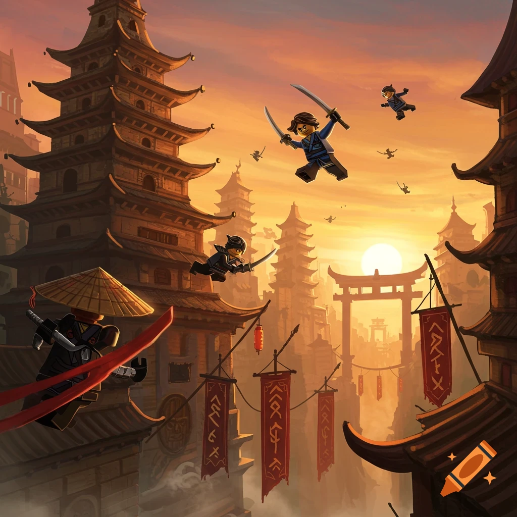 Lego Ninjago ninjas leap and fight with swords over traditional pagodas and gates, silhouetted against an orange sunset.