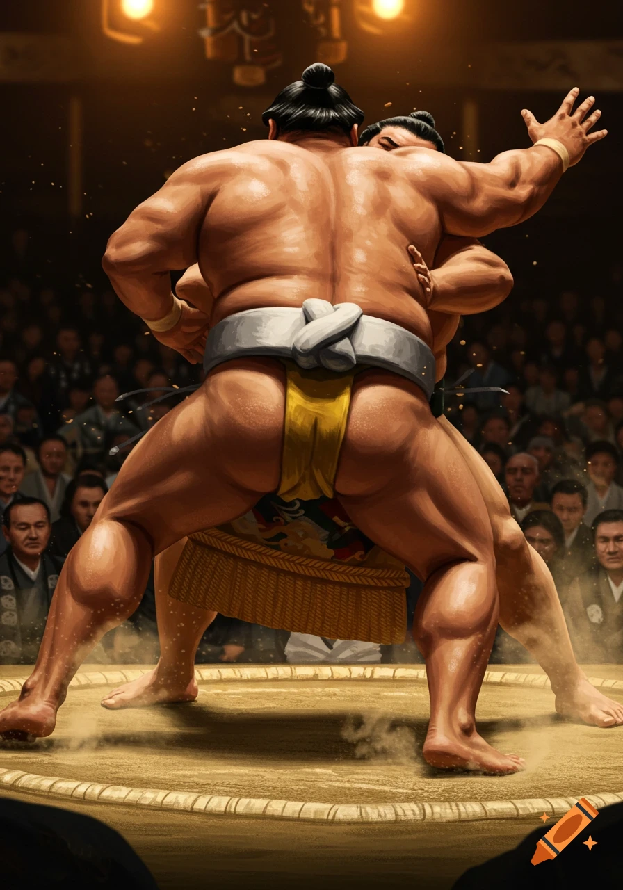 Digital painting of two sumo wrestlers grappling in a ring, viewed from behind, with a crowd watching.
