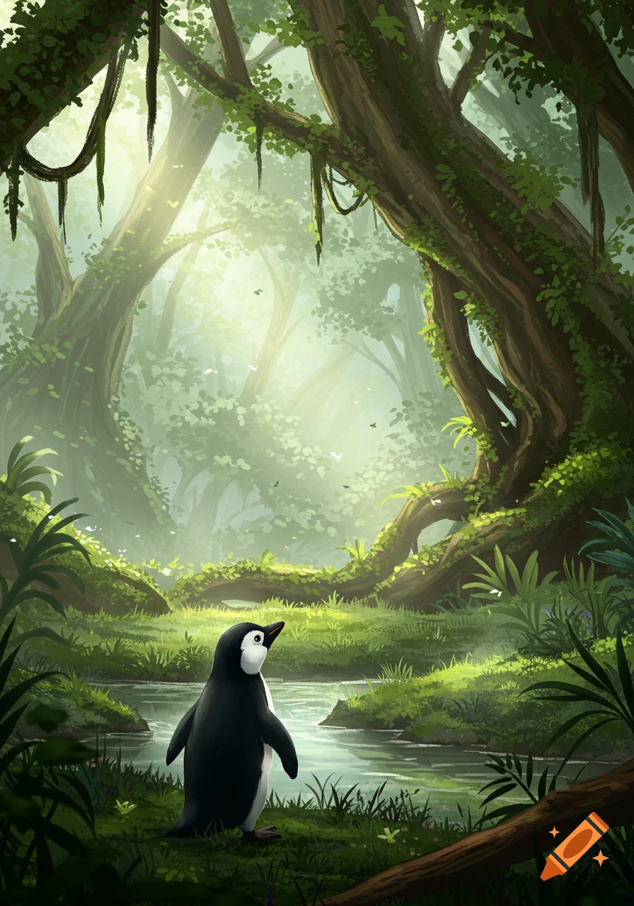 A cartoon penguin stands by a stream in a lush, sun-dappled green forest.