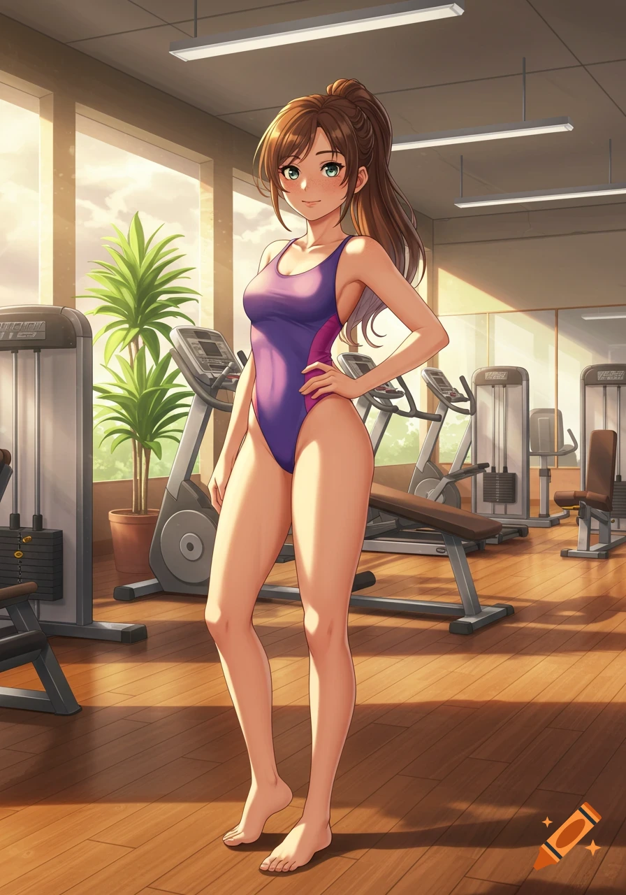 Anime girl in a purple swimsuit with brown hair in a ponytail stands in a bright gym with exercise equipment.