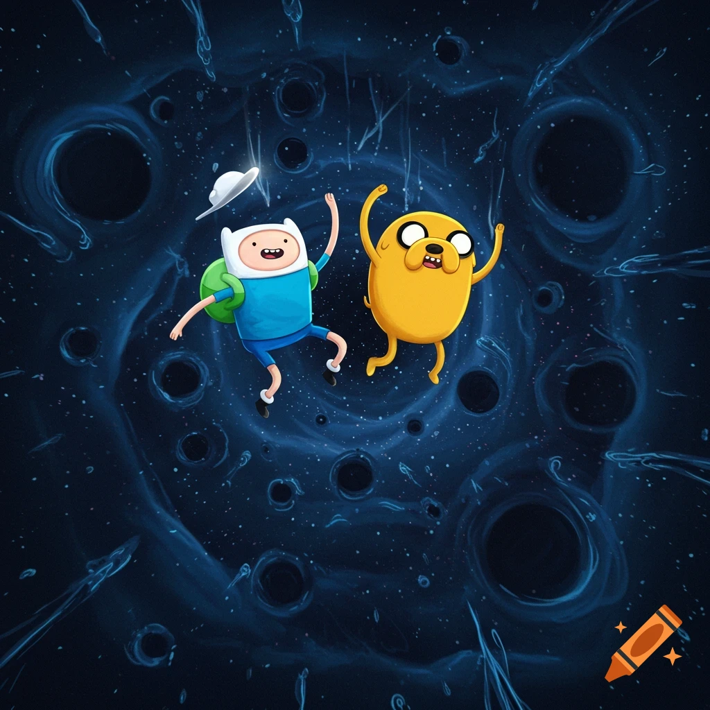 Cartoon Finn and Jake from Adventure Time fall into a dark blue abyss filled with swirling black holes.