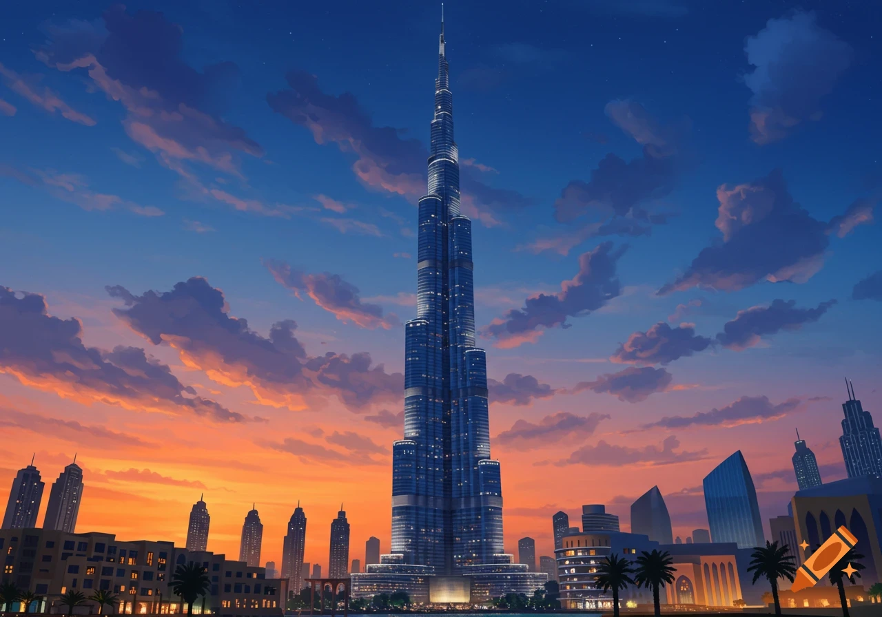 The towering Burj Khalifa skyscraper against a vibrant orange and blue sunset over the illuminated Dubai cityscape.