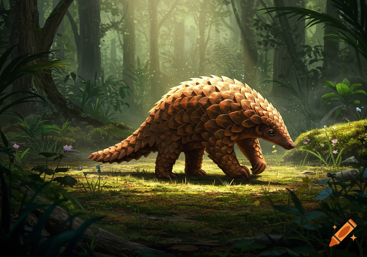 A pangolin walks through a sun-dappled, misty forest with green trees and mossy ground.