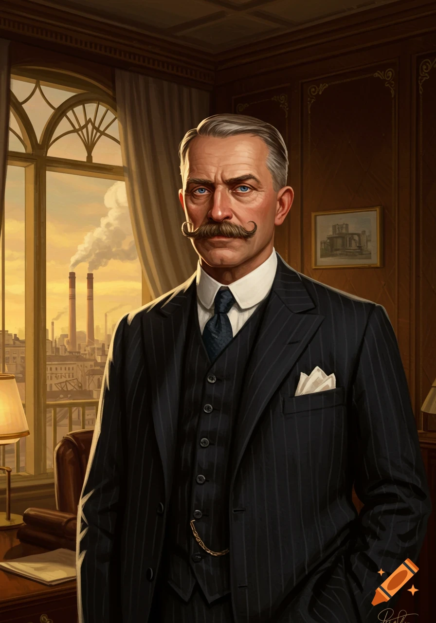 Portrait of an older man with a curly mustache in a pinstripe suit, in an elegant room overlooking an industrial city at sunset. Digital painting.