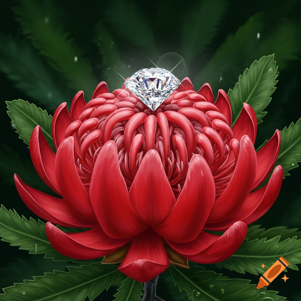 A vibrant red Australian Waratah flower with a sparkling diamond at its center, surrounded by green leaves.