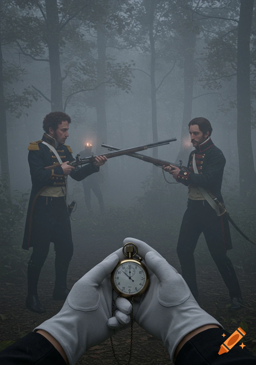 First-person perspective of a person in white gloves holding an antique stopwatch, overseeing two 19th-century duelists with muskets in a foggy forest.