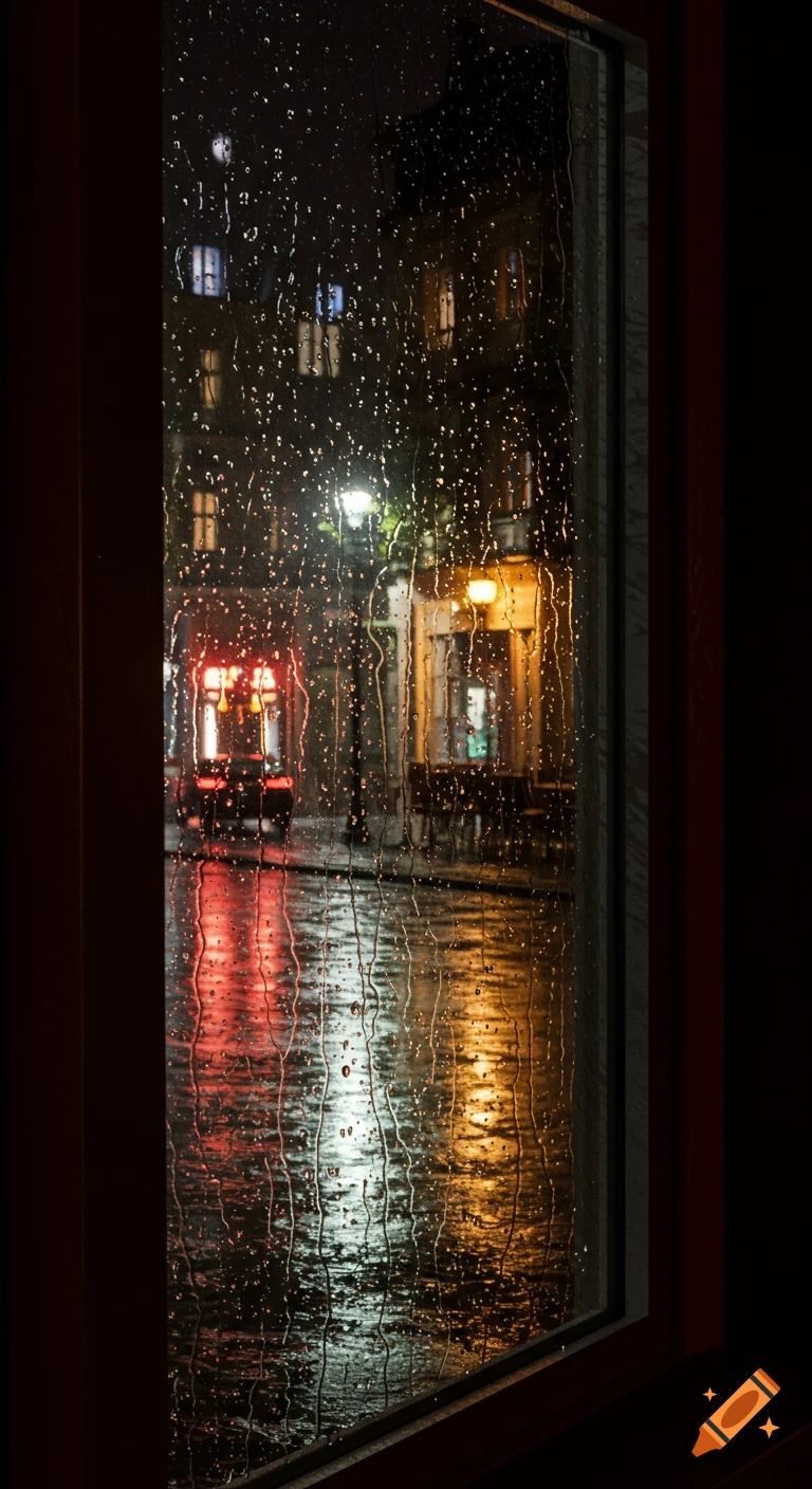 View from a window on a rainy night street with colorful reflections of city lights on the wet pavement, showcasing raindrops on the glass.