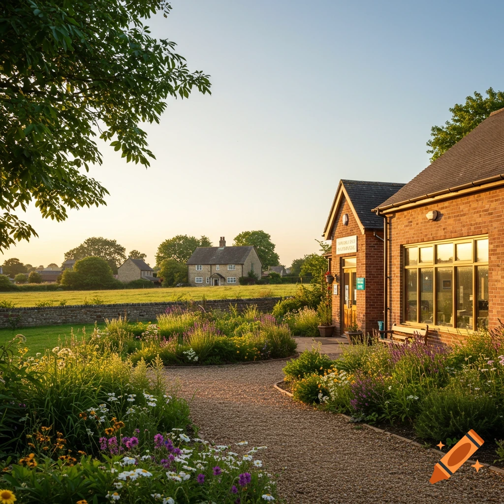 A gravel path leads through a colorful garden towards brick buildings and a distant stone house in a sunny, rural landscape.