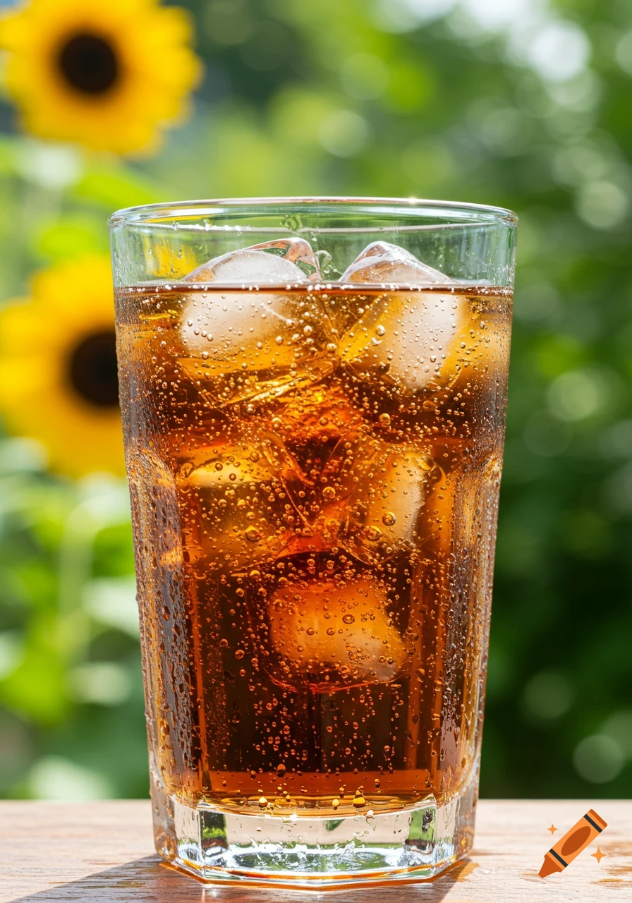 Glass of cold soda with ice and condensation, against a sunny background of blurred sunflowers, photorealistic.
