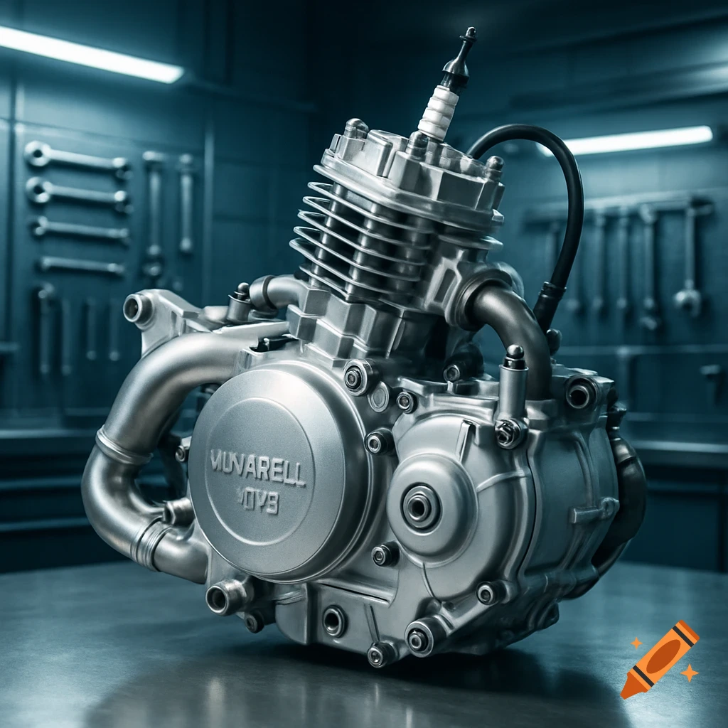 Detailed close-up of a silver motorcycle engine on a workbench in a mechanic's workshop.