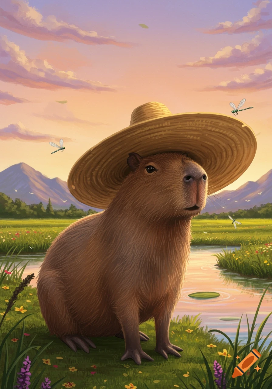 A cute capybara wearing a straw hat sits by a river in a field of flowers under a sunset sky, with mountains in the background. Digital art.