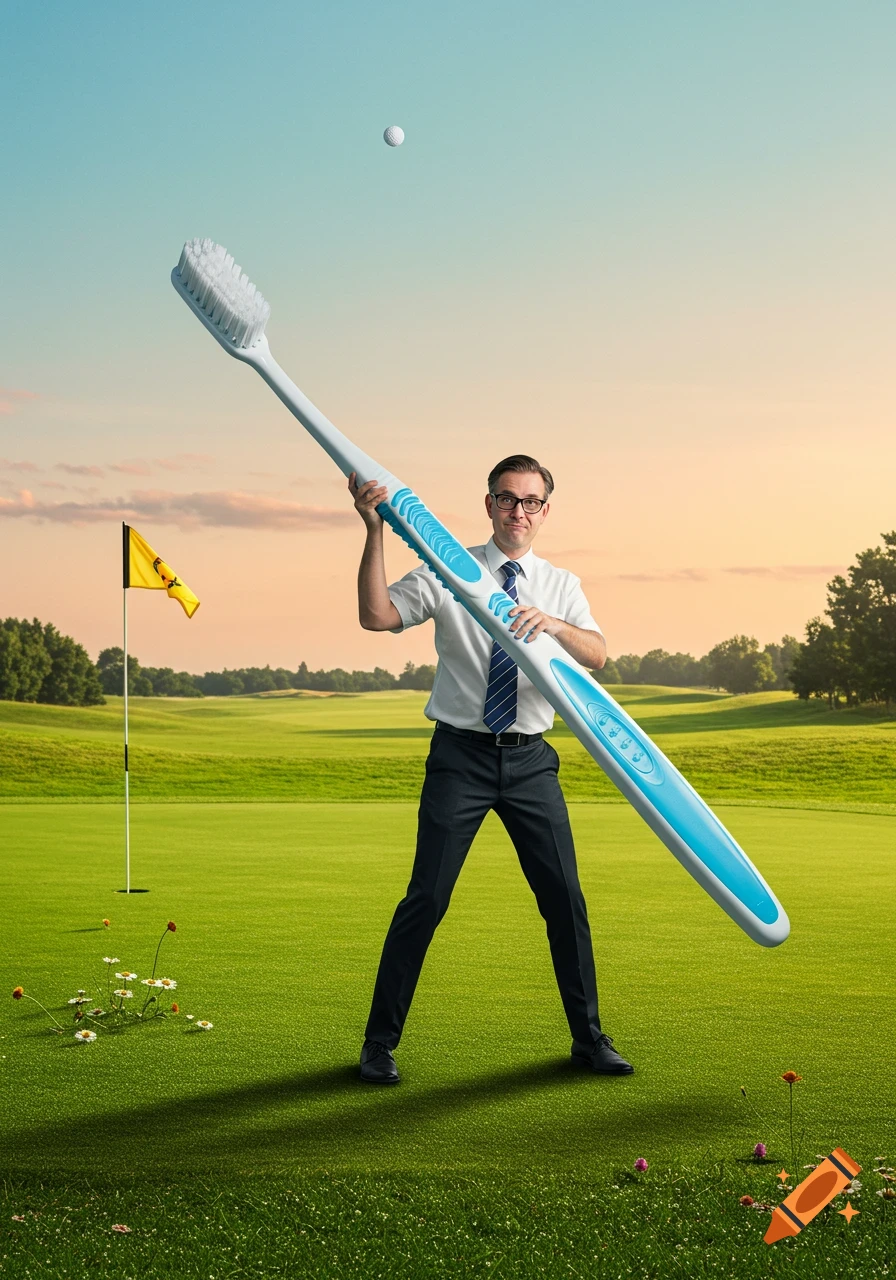A man in business attire holds a giant toothbrush like a golf club on a golf course under a sunset sky.