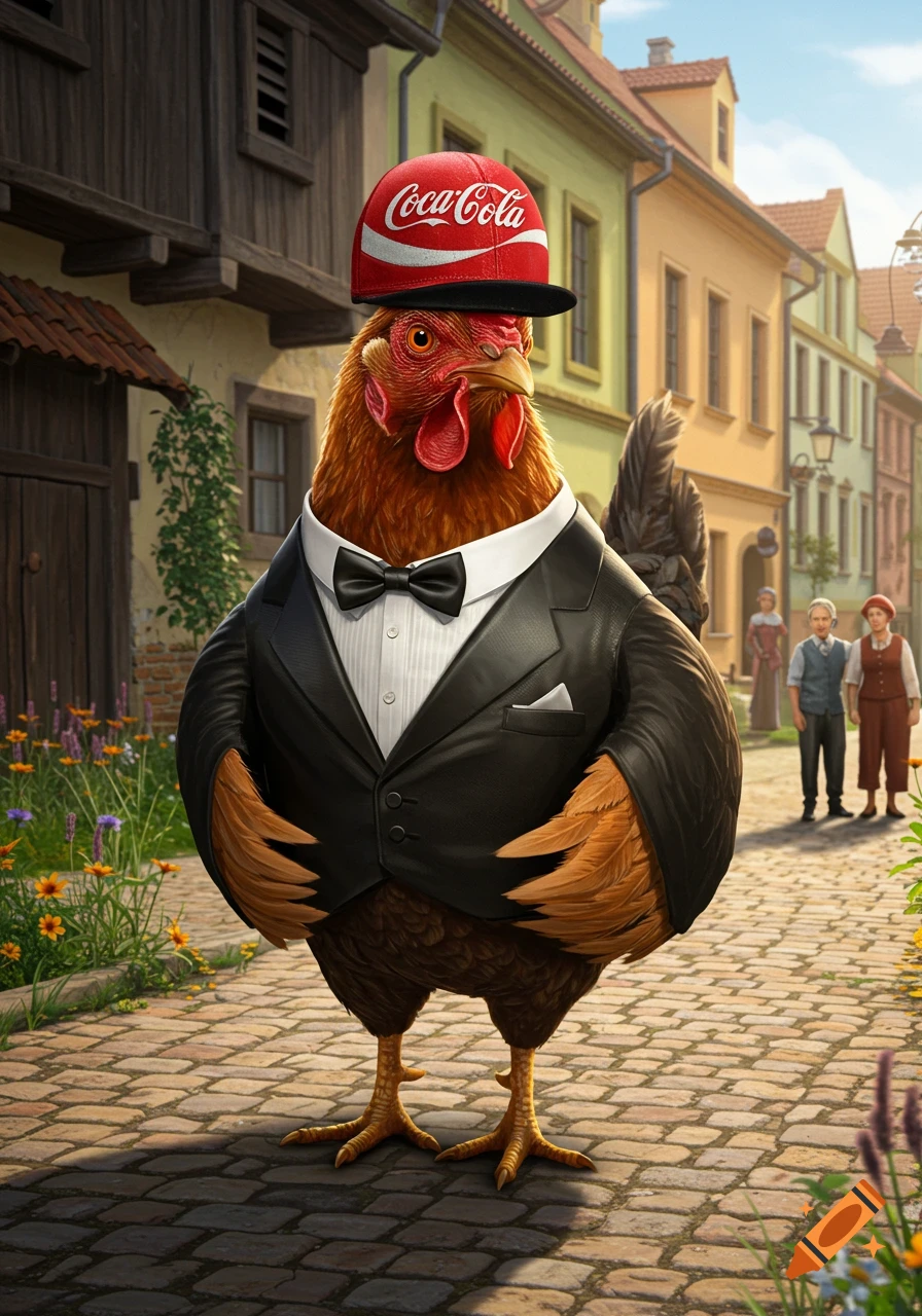 A photorealistic chicken in a black tuxedo and a red Coca-Cola baseball cap stands on a cobblestone street in a European town.