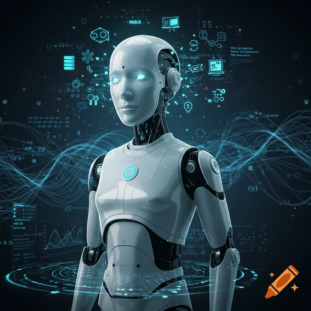 A white and black humanoid robot with glowing blue eyes and chest light, surrounded by a holographic data display on a dark background.