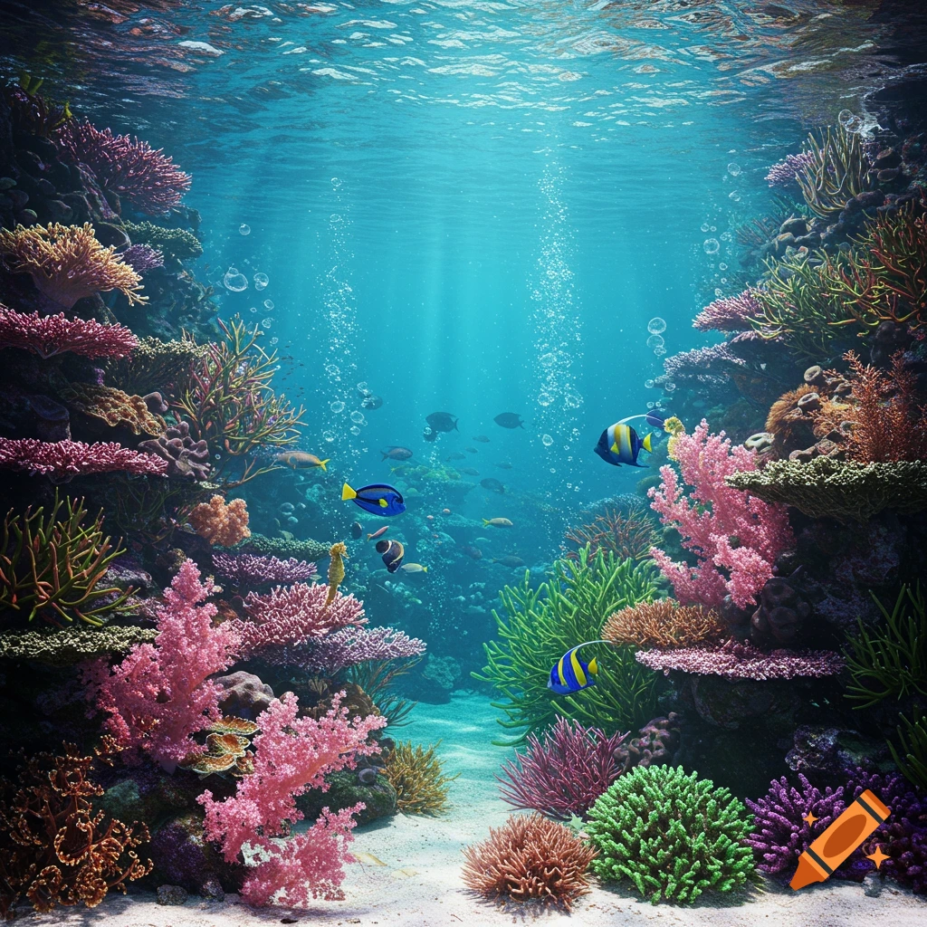 A vibrant underwater scene with colorful coral formations and various tropical fish swimming amidst the sunlight filtering through the water surface.