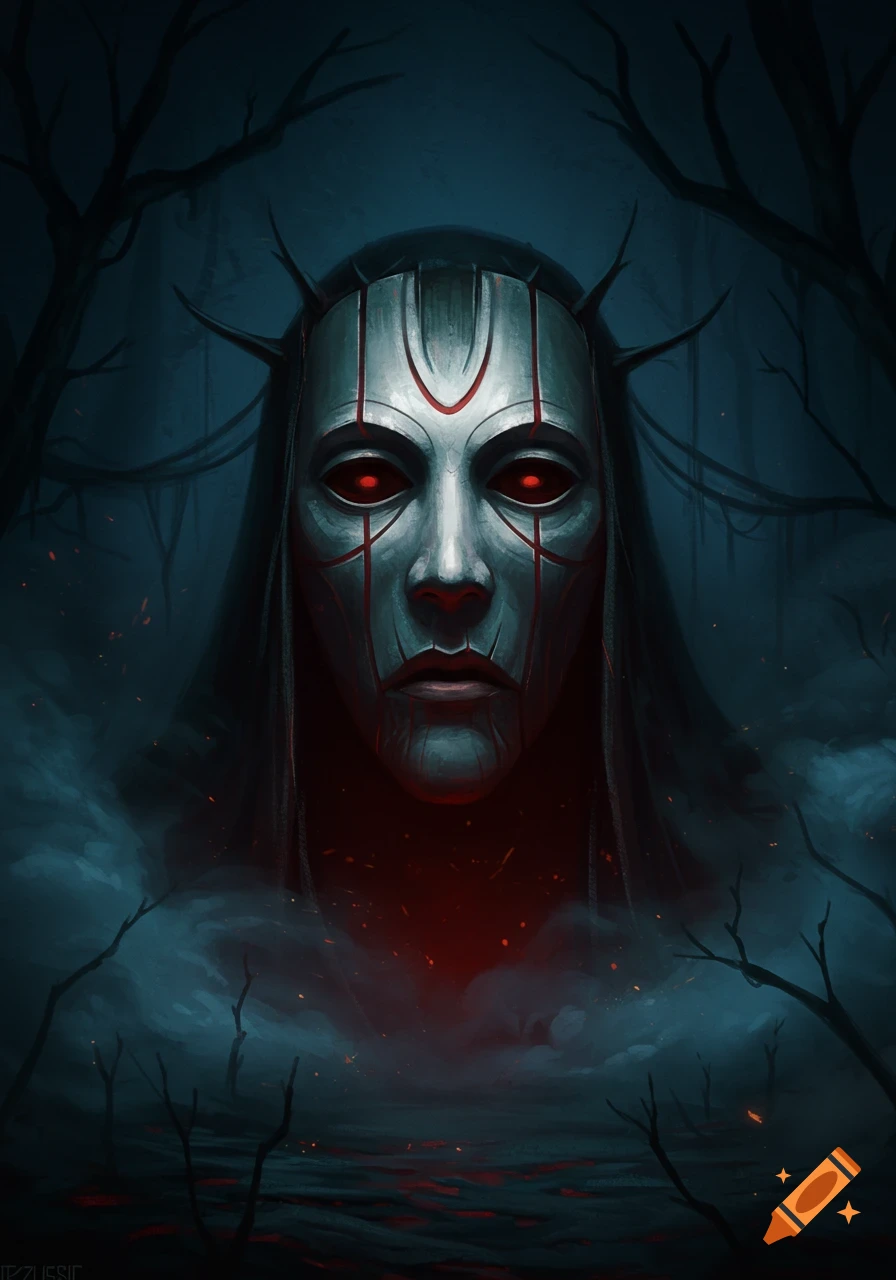 A horror-themed illustration of a metallic masked face with glowing red eyes in a dark, misty forest with red embers.