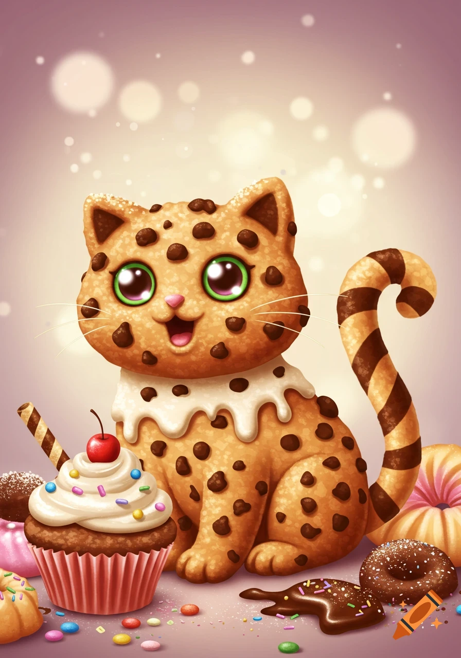 A cute cartoon cat made of cookies with chocolate chips and large green eyes, surrounded by cupcakes, donuts, and scattered candies in a sweet art style.