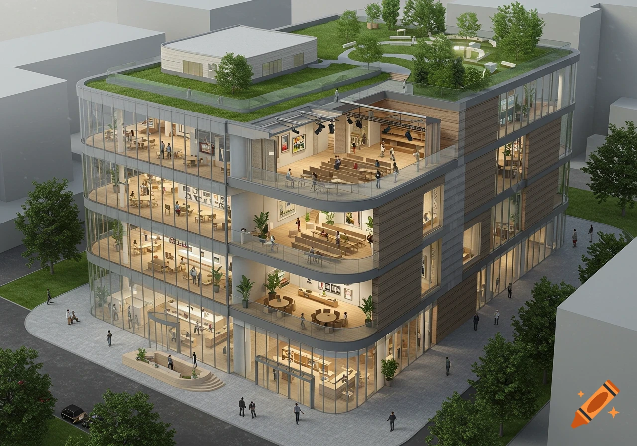 An aerial view of a modern multi-story building with a green roof garden, glass facades, and a variety of public spaces inside, with people walking around.