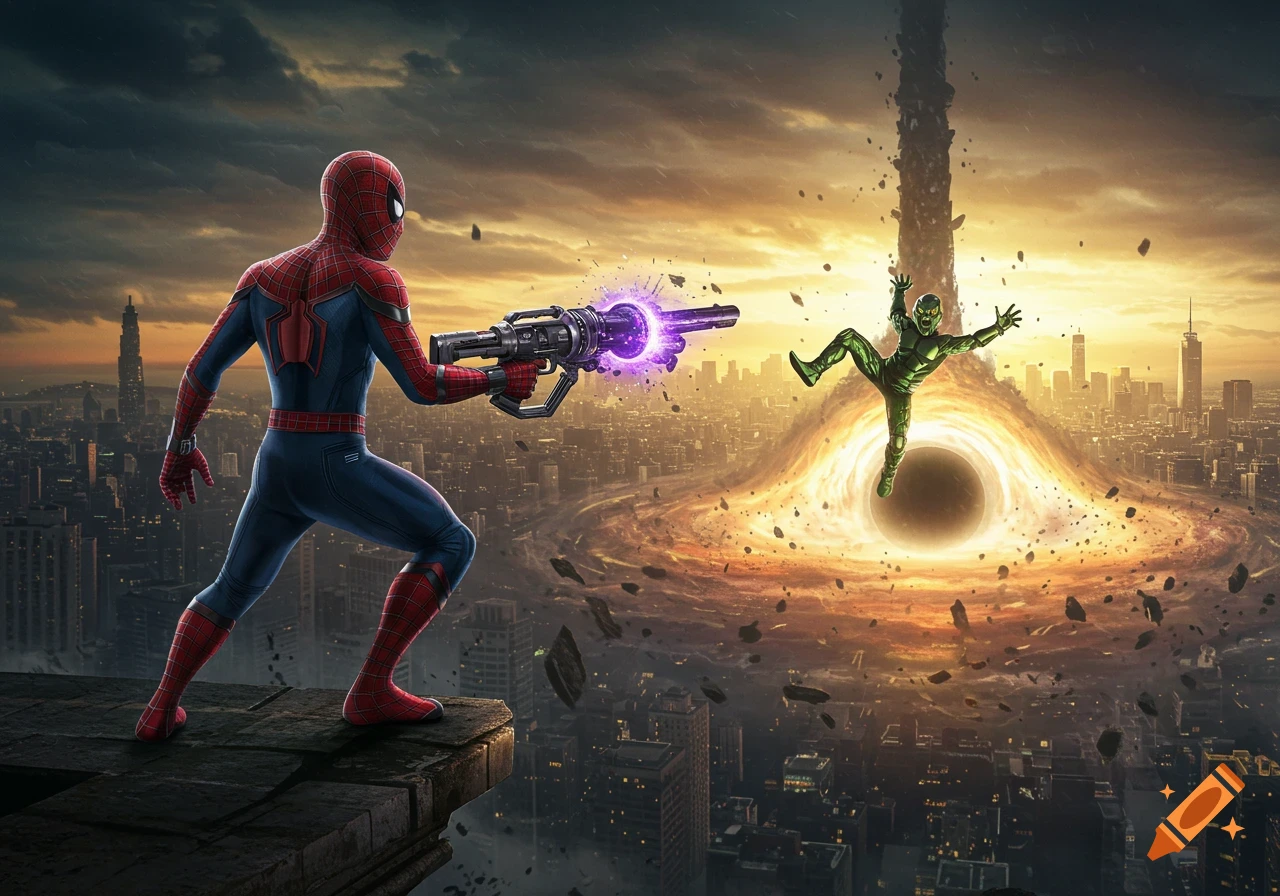 Spider-Man aims a black hole gun at Green Goblin who is being pulled into a black hole over a sprawling city at dusk.